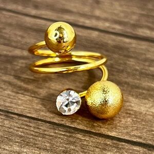 Gold Double Ball Rhinestone Crystal Diamond Adjustable Rhinestone Ring NEW